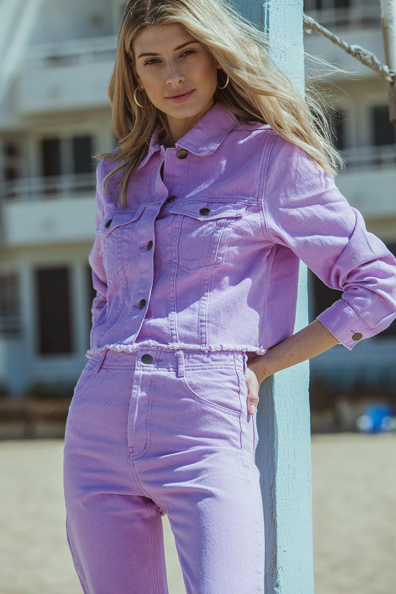 purple denim jacket outfit