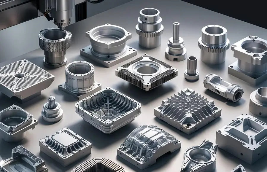 Examples of complex milled components showing intricate surface features
