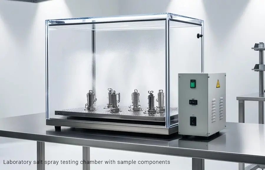Laboratory salt spray testing chamber with sample components