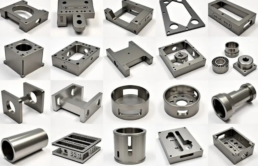 Montage of various laser-cut sheet metal components from different industries