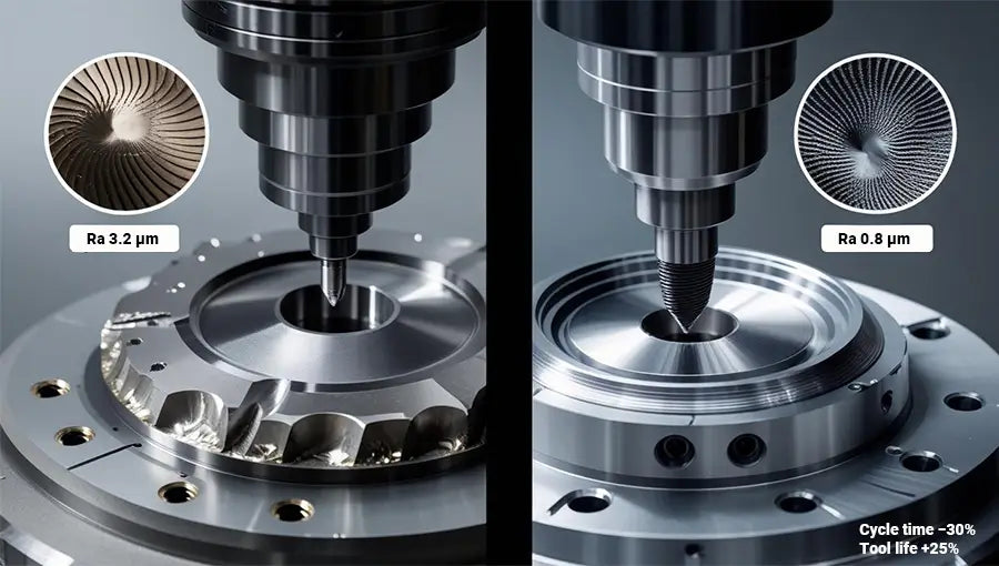 Side-by-side comparison of surface finish quality: 3+2 vs continuous 5-axis on complex geometries