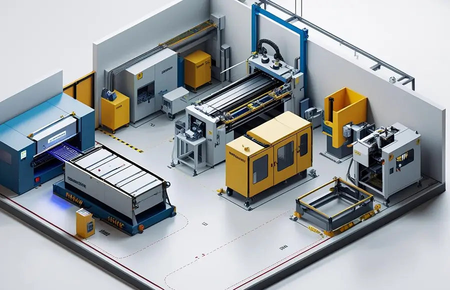 compact 21m² production line with laser, press, and robot positioned for optimal workflow