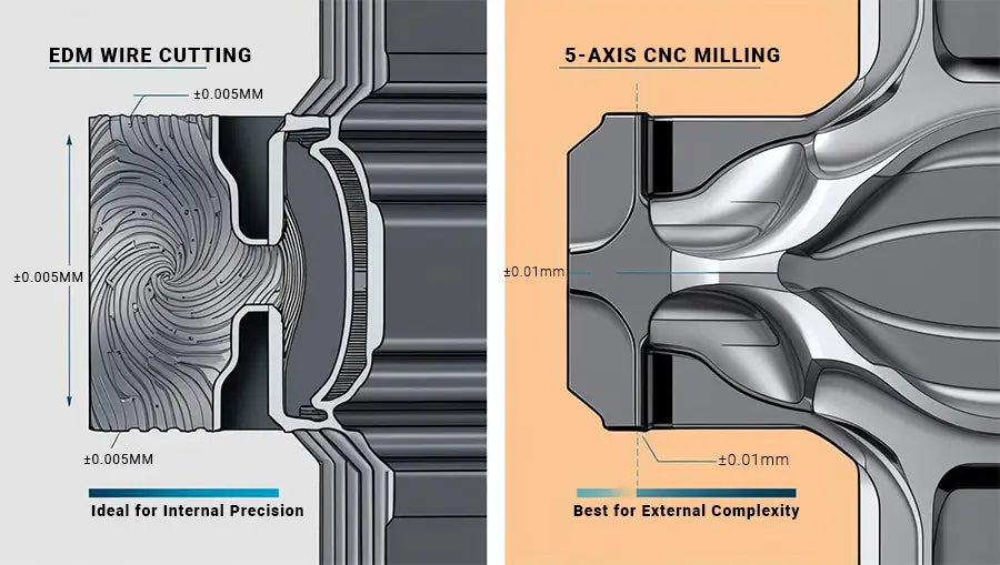 intricate internal features created with EDM wire cutting compared to complex external geometries machined with 5-axis CNC milling