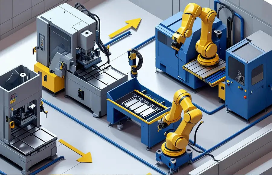 stamping press, 5-axis machine, and robotic transfer system with workflow arrows