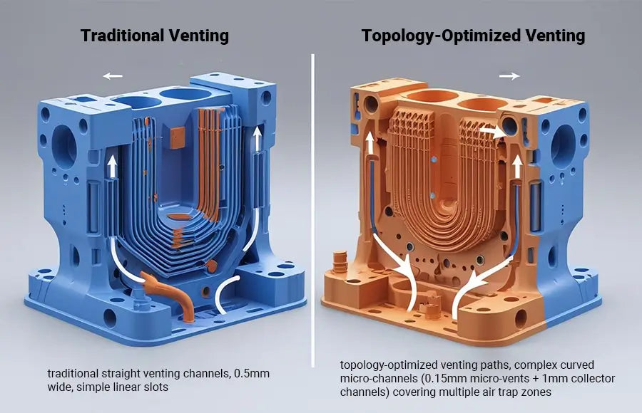topology-optimized vent paths vs traditional straight venting
