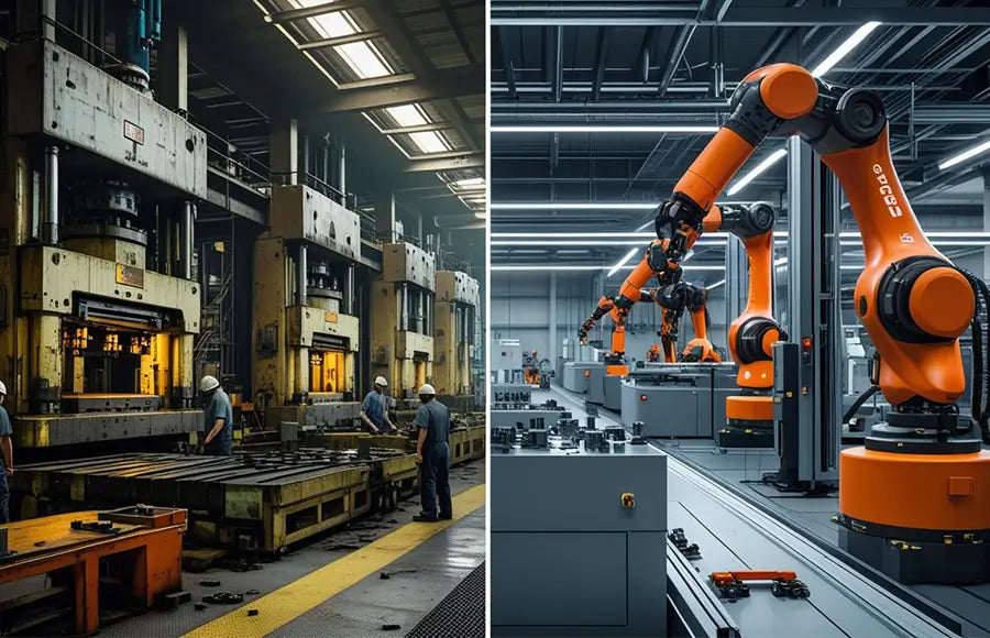 traditional stamping line vs. integrated hybrid production cell with robotic transfer system
