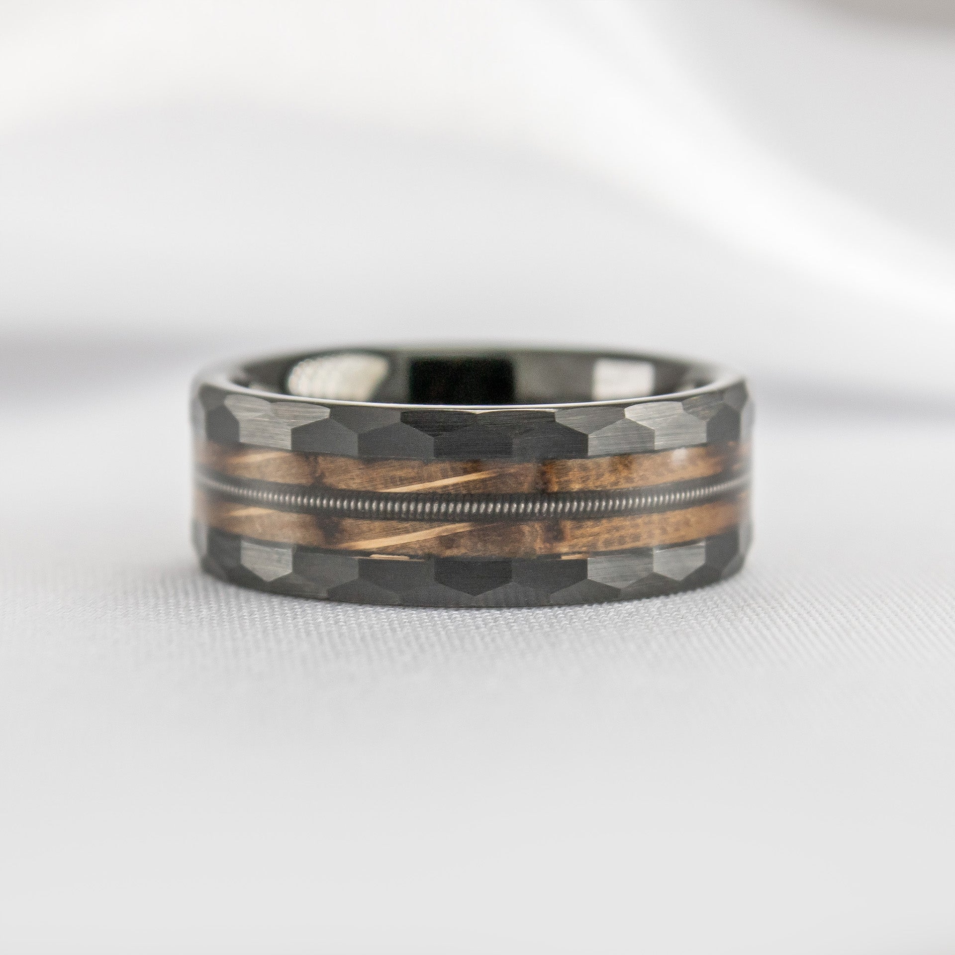 Riff Black Tungsten with Charred Whiskey Barrel and Guitar String Ring