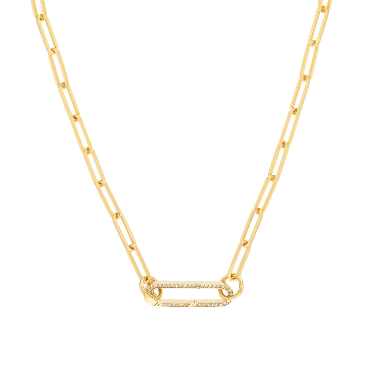 14K Yellow Gold Diamond Accent Pad Lock Push Lock Rolo Split Chain Necklace