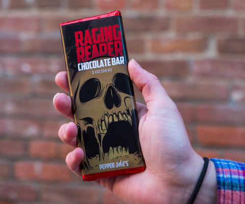 pepper joe's raging reaper chocolate bar posed for photoshoot