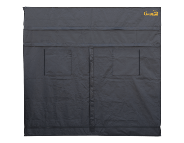 black canvas grow tent with exhaust ducts, 8' wide by 8' deep by 6'7" tall. all doors and windows closed