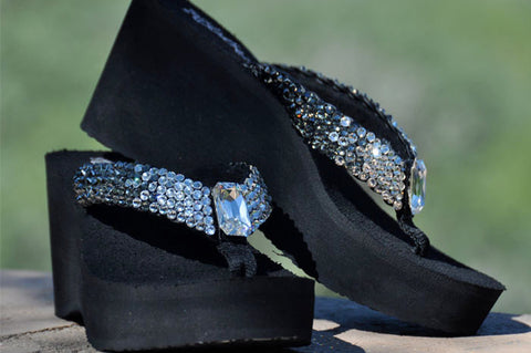 navy blue flip flops with bling