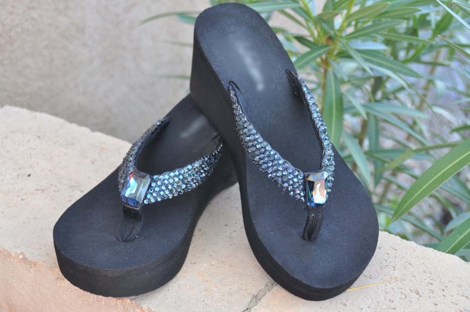 navy blue flip flops with bling