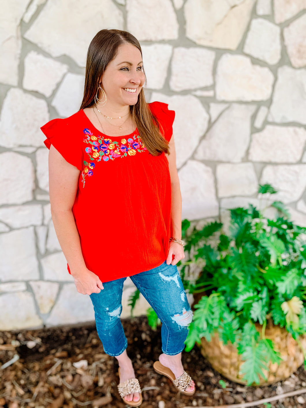 Red Embroidered Floral Blouse