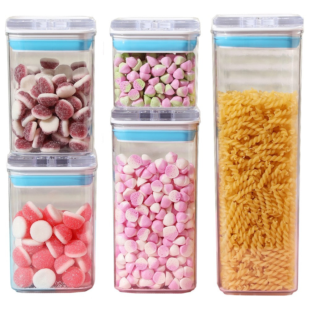 Cutii De Depozitare Alimente, Set Din 5 Cutii De Tip Container, 1X0.5 L, 2X0.8 L, 1X1.2 L, 1X1.9 L, Recipiente Pentru Cereale In Bucatarie, Transparente Cu Capac Albastru-Alb