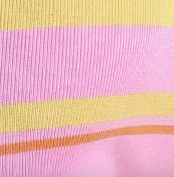 Sleeveless knit midi dress in a pink and yellow stripe.