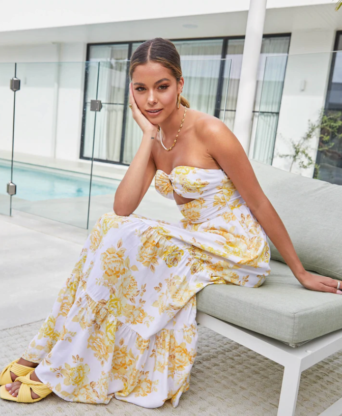 Strapless midi dress in white and yellow floral.