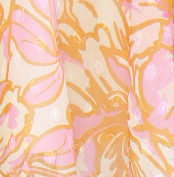 Long sleeve mini dress in a pink floral chiffon fabric.