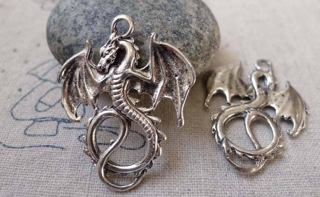 10 Pcs Antique Silver Flying Dragon Charms Pendant 27x34mm A6311
