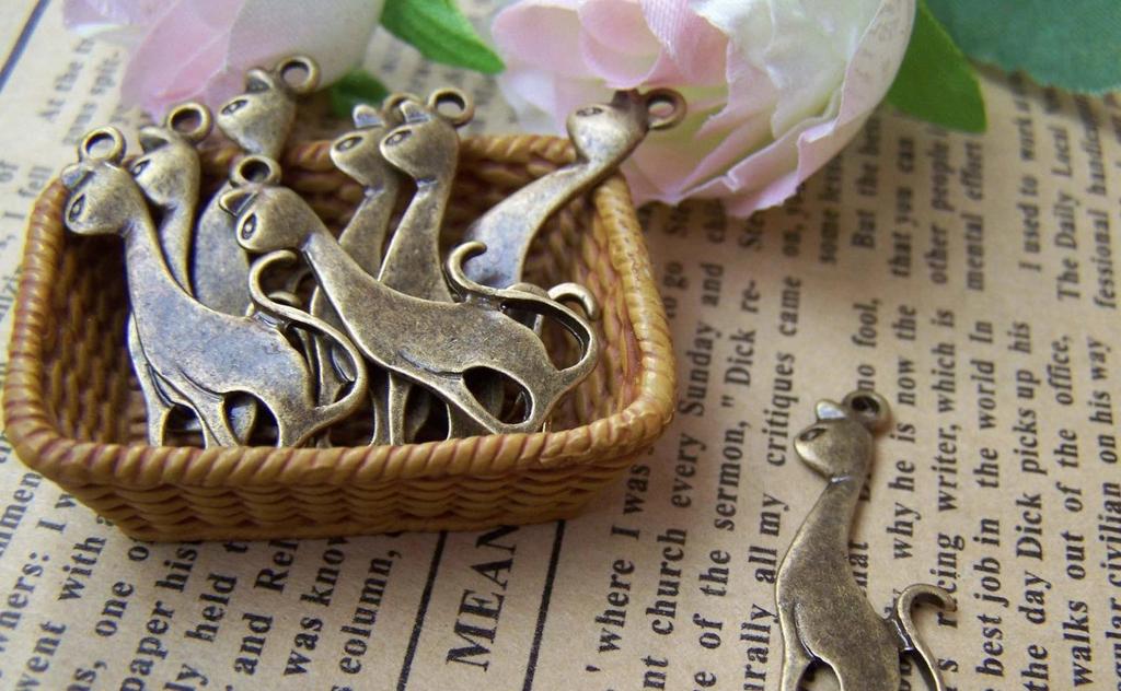 20 Pcs Antique Bronze Flat Cat Charms 11x27mm A2152