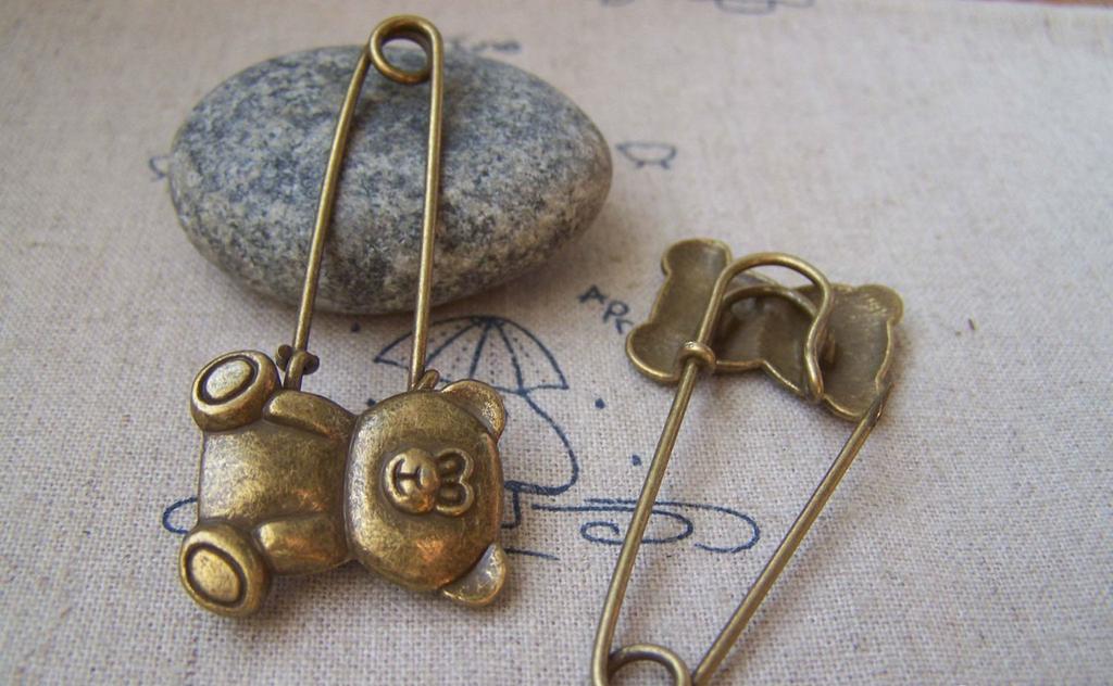 very-charms 6 Pcs Antique Bronze Bear Safety Pin Brooch Findings A3023