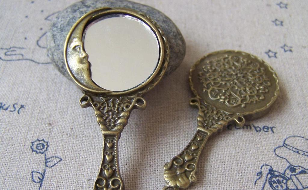Antique Bronze Moon Face Glass Hand Mirror Pendant Set of 2 A4245