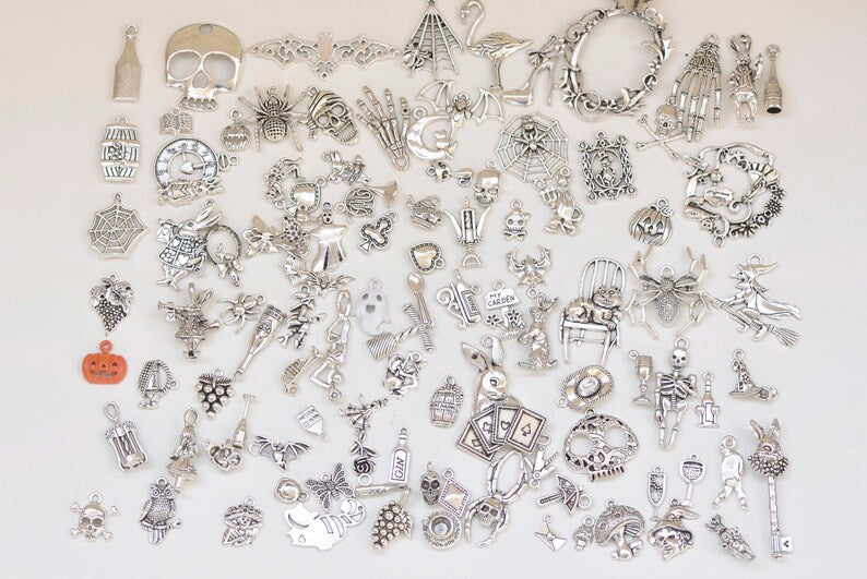 Antique Silver Alice in Wonderland Charms Mixed Styles Set of 106