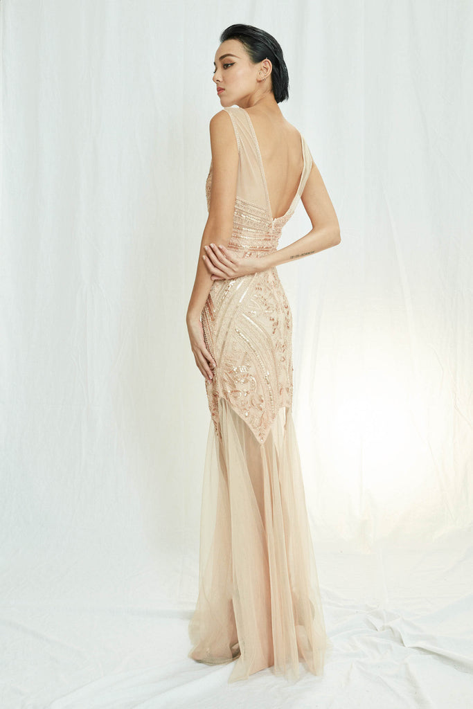 rose gold sequin evening gown