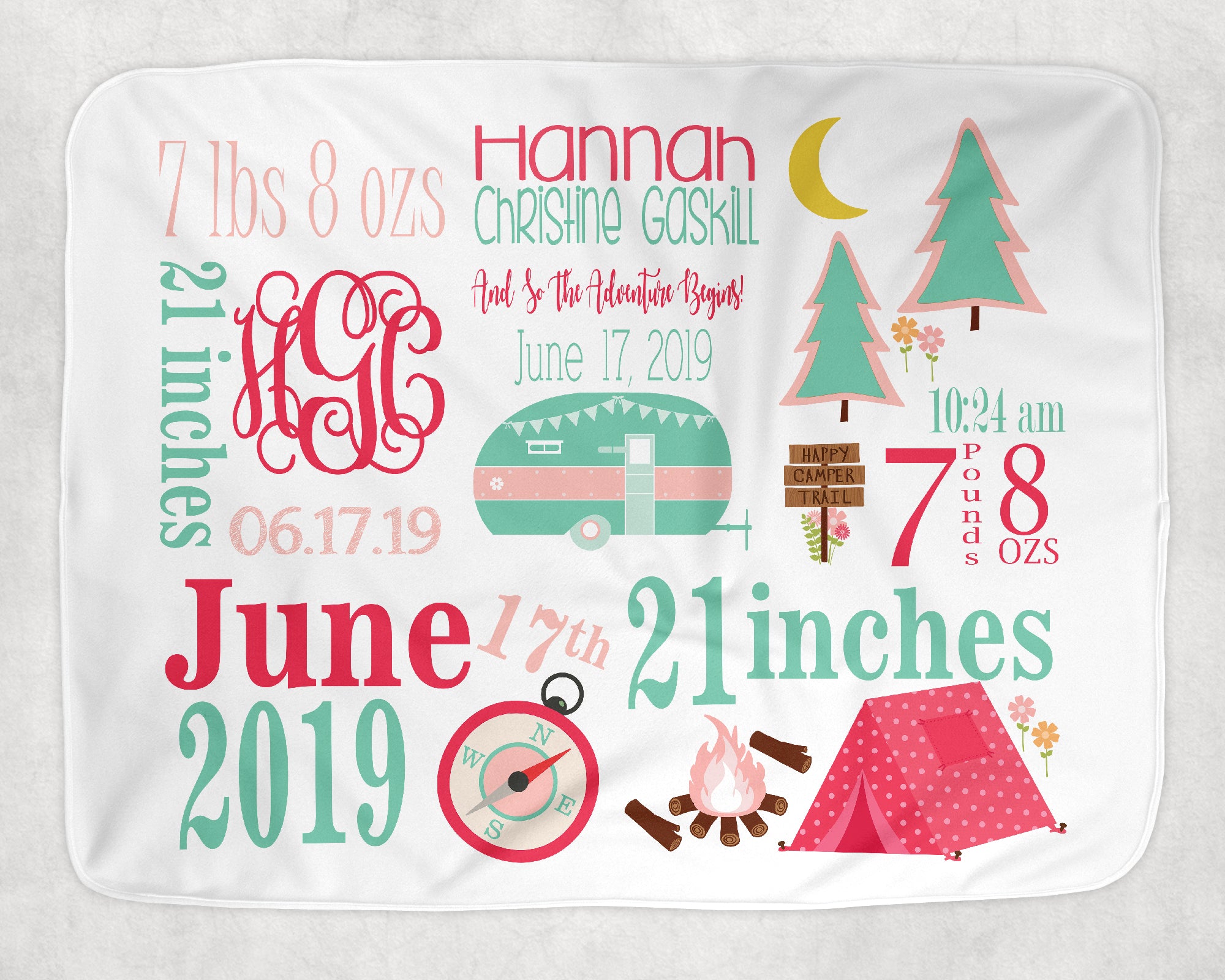 Personalized Camp Theme Baby Blanket For Baby Girl Includes Birth Info
