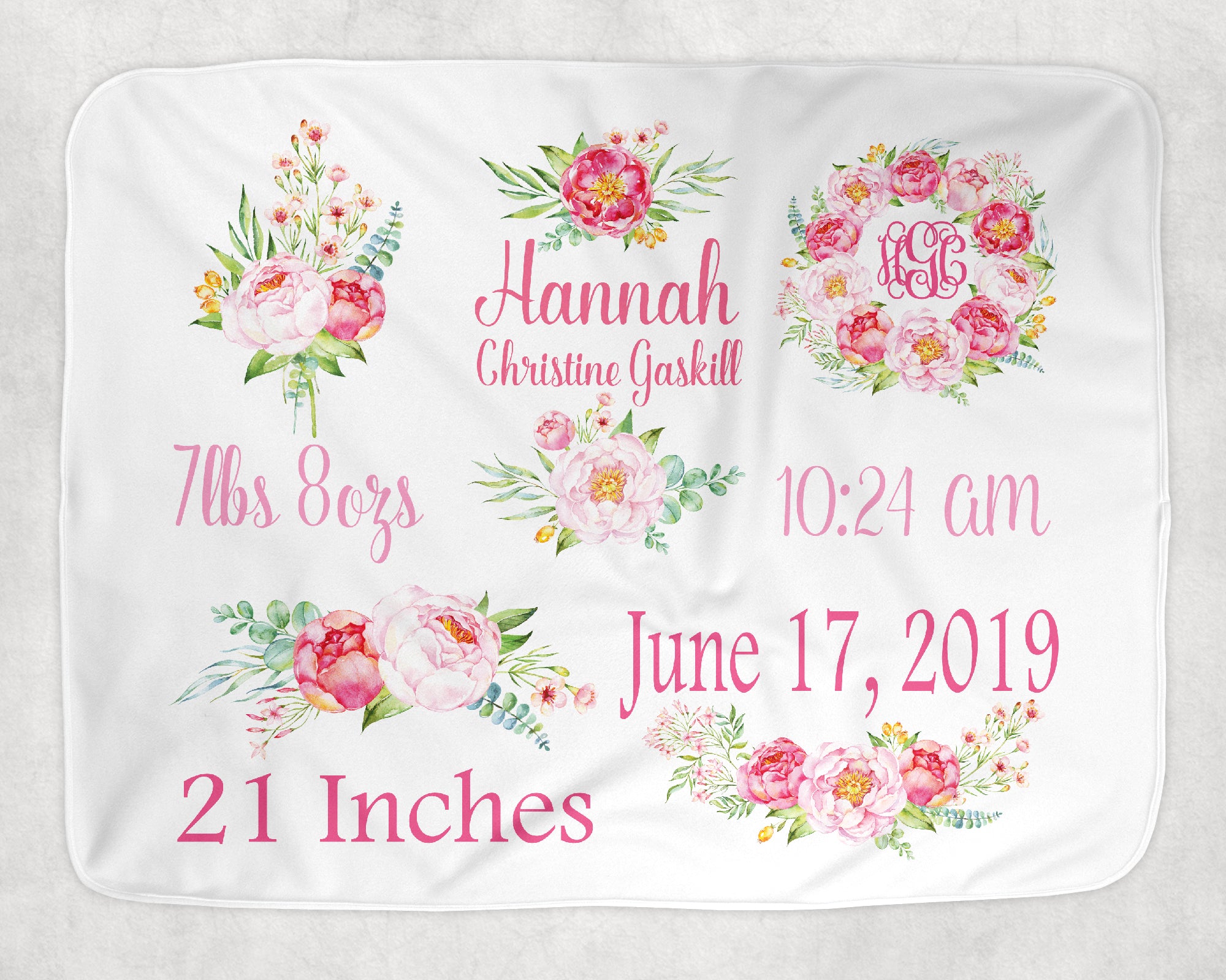 birthdate Baby blanket with name inches weight height Personalized Baby Girl Blanket with birth