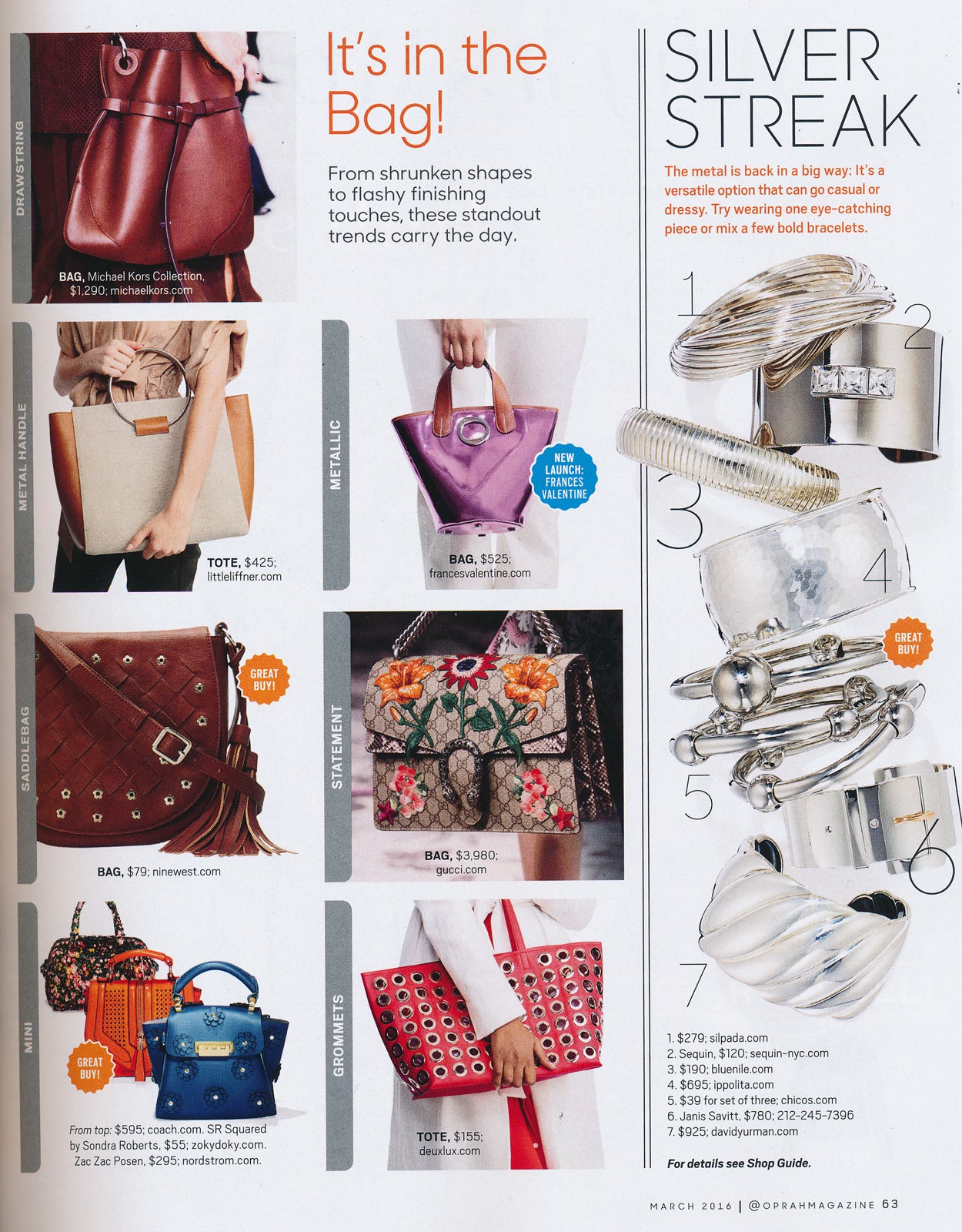 O, The Oprah Magazine - March 2016, featuring Sequin's Carre Cuff