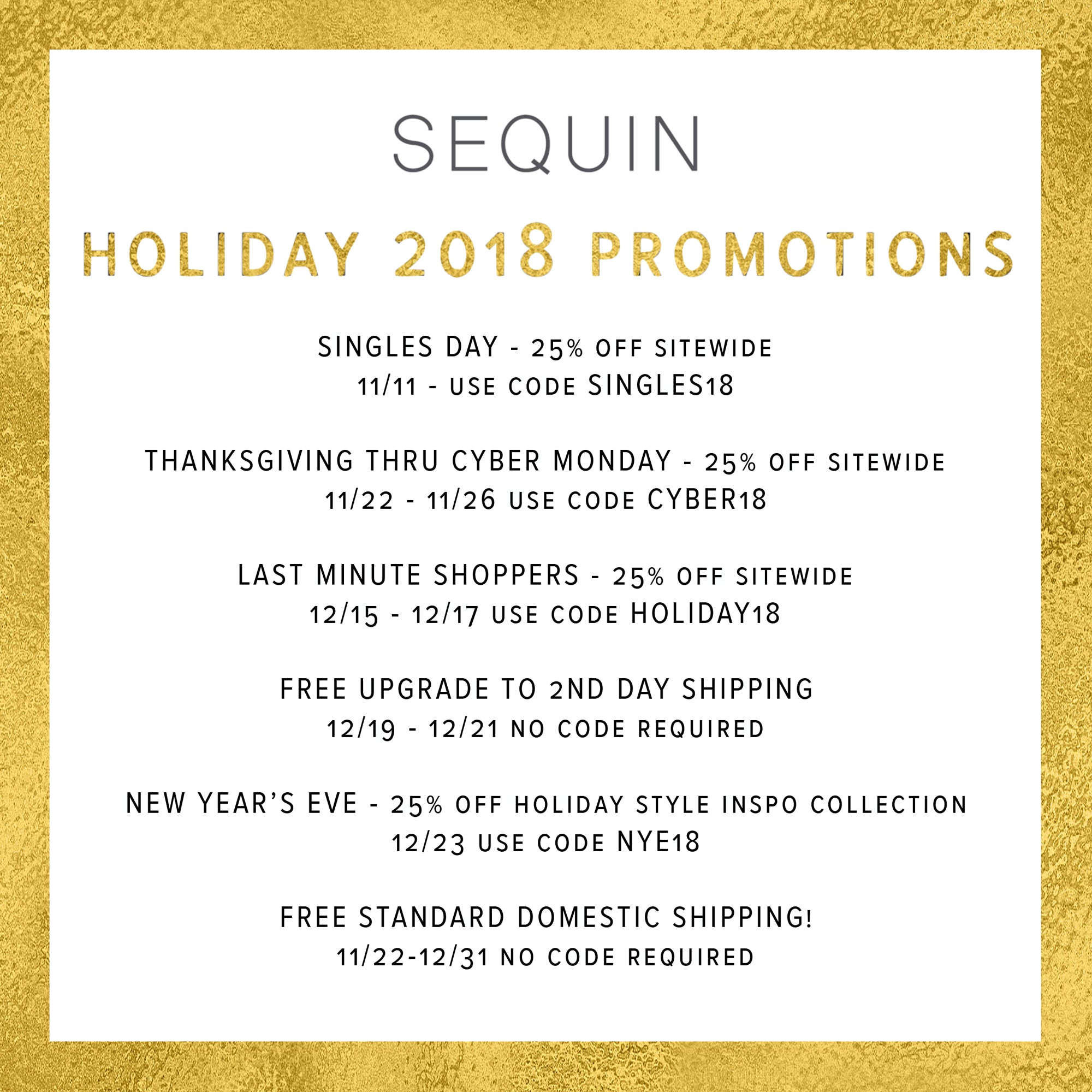 Sequin Holiday 2018 Promotions