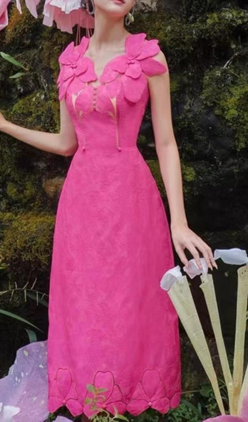 Pink Jacquard Embroidery Midi Dress