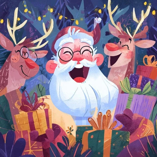 Illustration humoristique de Noël avec Père Noël et ses rennes, idéale pour accompagner des messages de Noël drôles