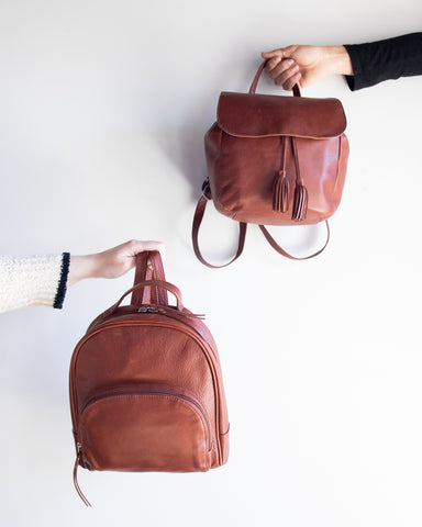 two hands holding the gia backpack and harley drawstring backpack