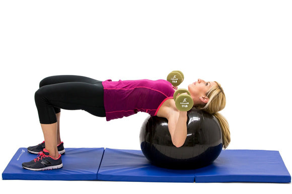 woman in starting position for dumbbell chest press on prosourcefit stability ball