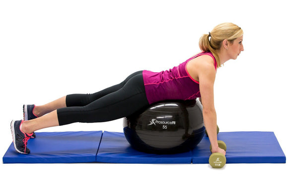 woman in starting position for dumbbell wide row on prosourcefit stability ball