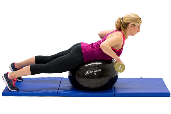 woman performing dumbbell wide row on prosourcefit stability ball