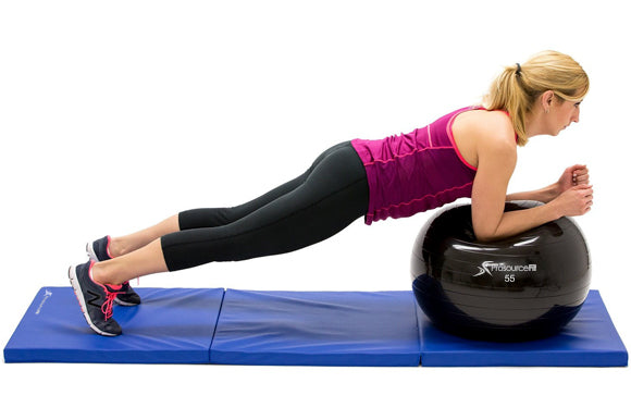 woman doing forearm plank on prosourcefit stability ball and prosourcefit tri-fold mat