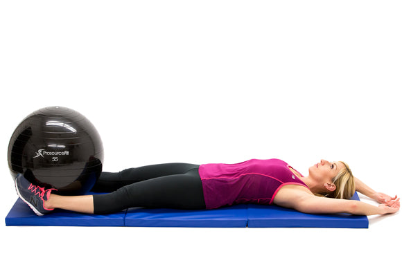 woman in starting position of ball pass core exercise with prosourcefit stability ball