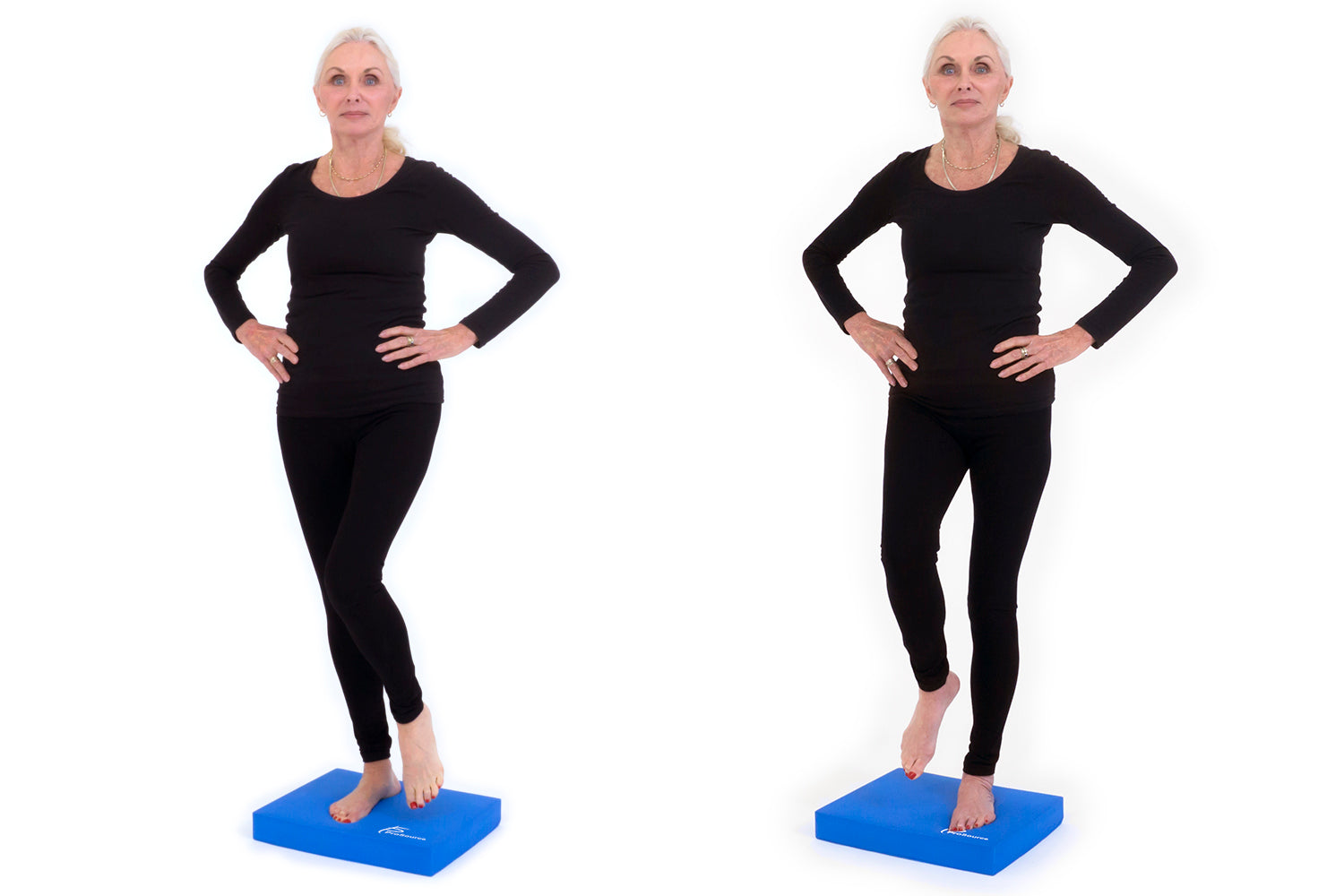 Woman doing side steps on exercise balance pad