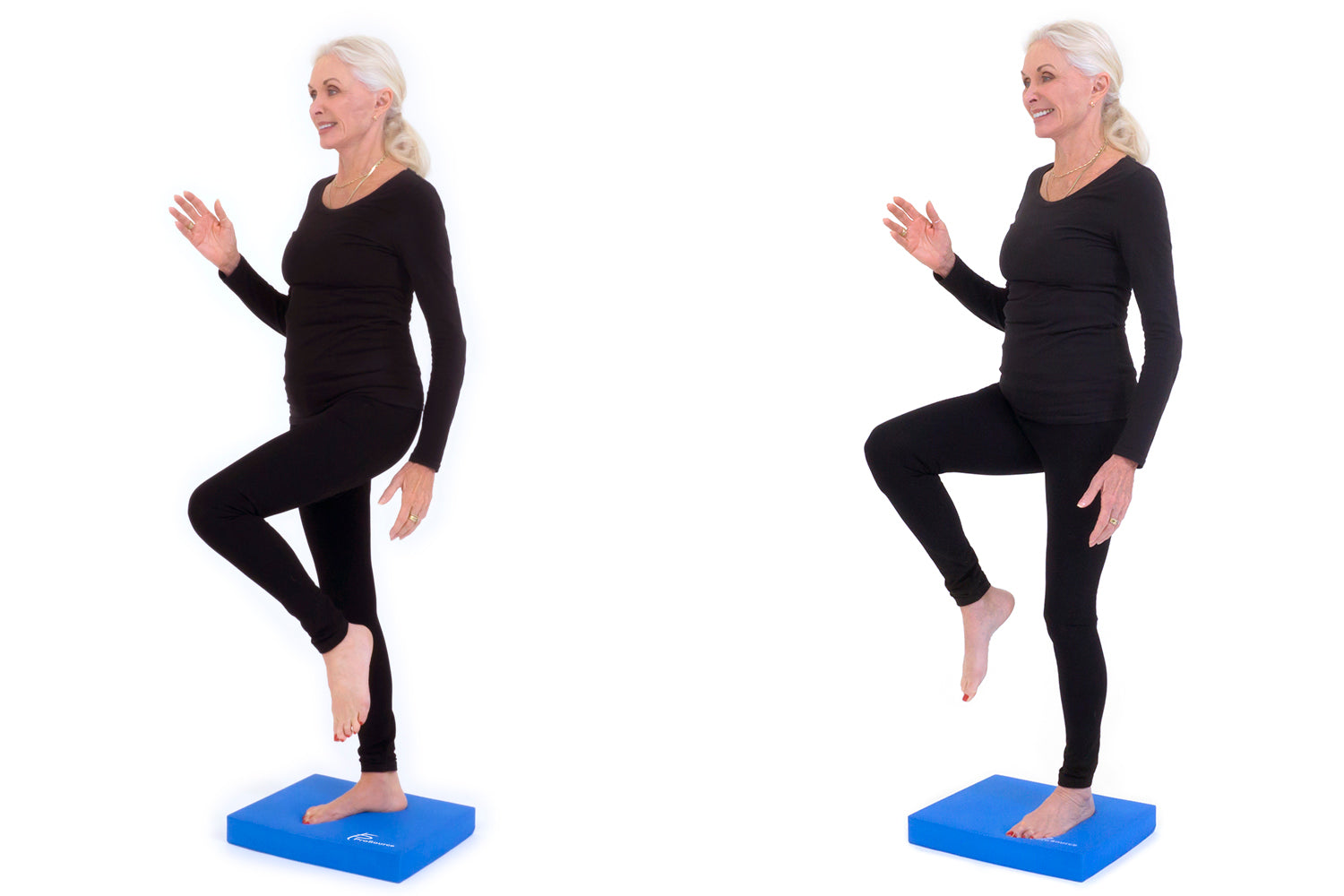 Older woman marching in place on balance pad