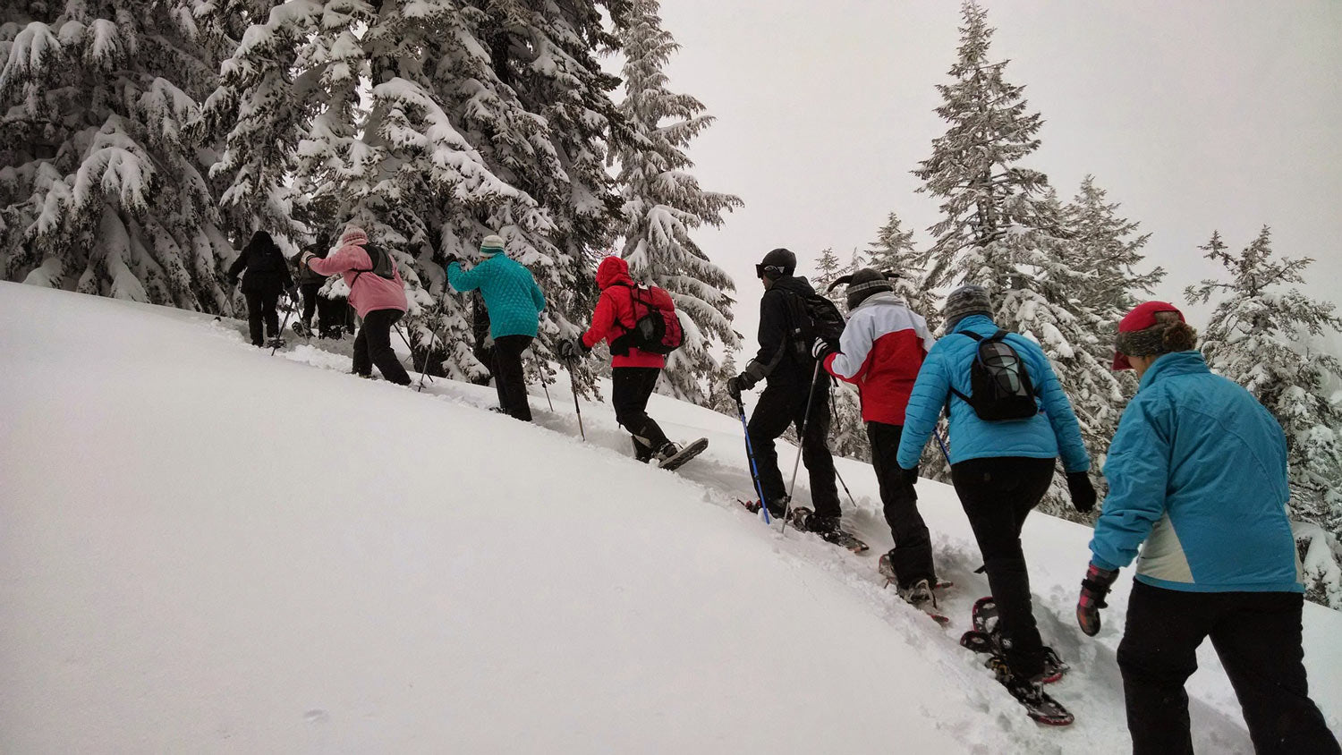 group of skiers walking up snow covered mountain