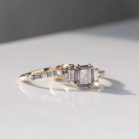 Emerald cut salt and pepper diamond ring