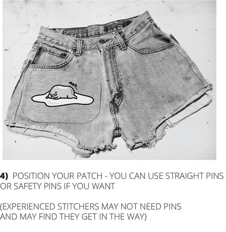 4) Position your patch - you can use straight pins or safety pins if you want.  Experienced stitchers may not need pins and may find they get in the way.
