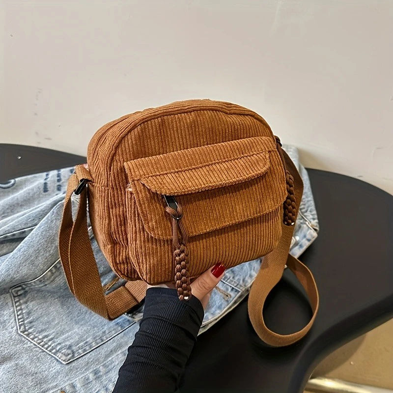 Sac bandoulière en velours côtelé pour femme, style décontracté Harajuku, fermeture éclair, bandoulière réglable, plusieurs poches, doublure en polyester, beige