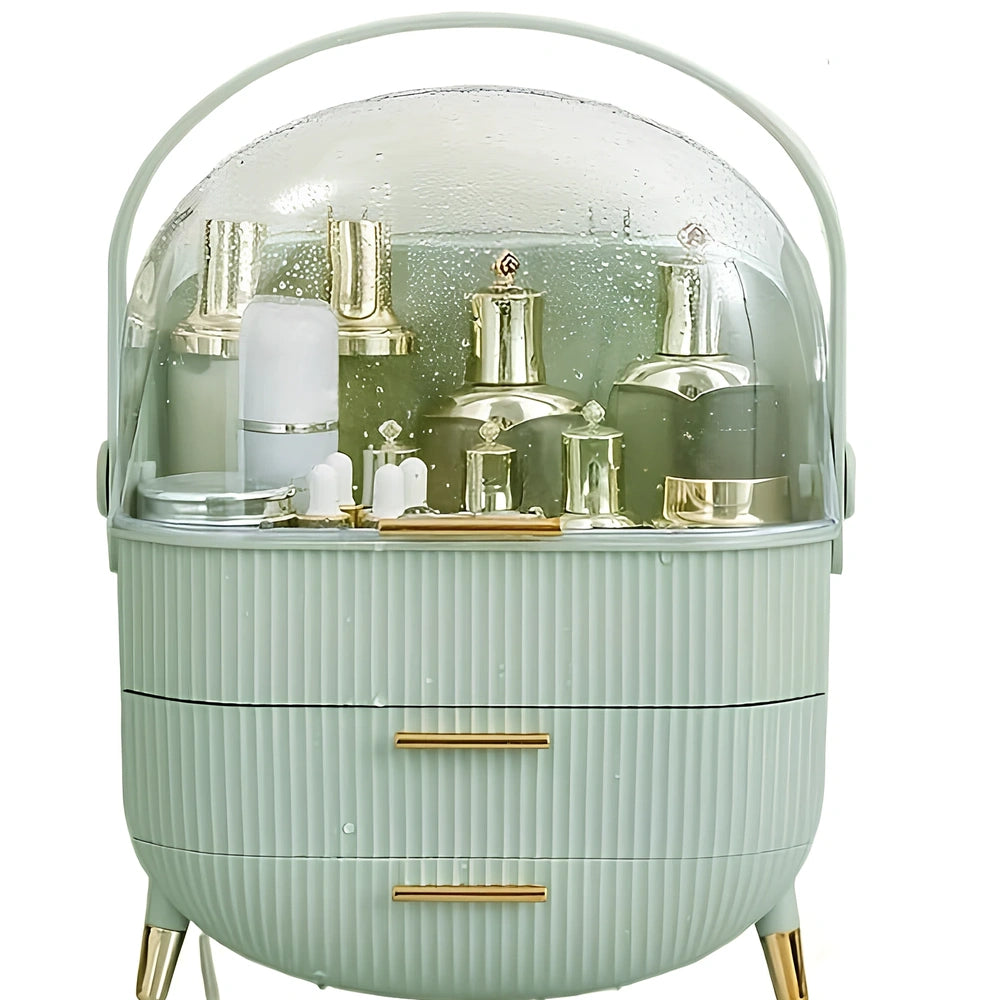 Light luxury cosmetic storage box in green ABS+PS with dustproof lid for skincare organisation