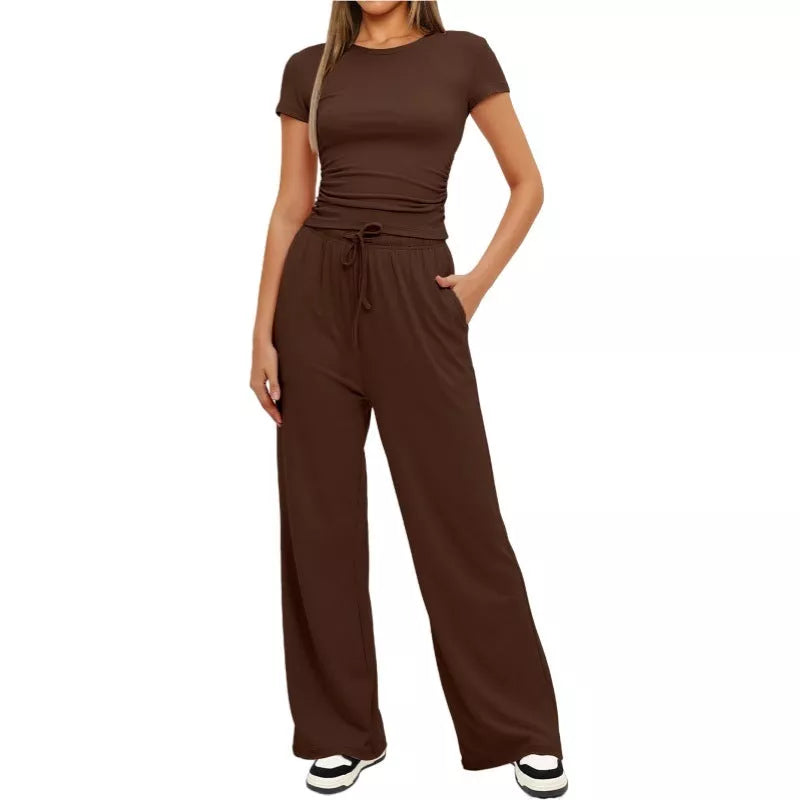 2-Piece Solid Color Yoga Set with Short-Sleeve Top and High-Waisted Pants