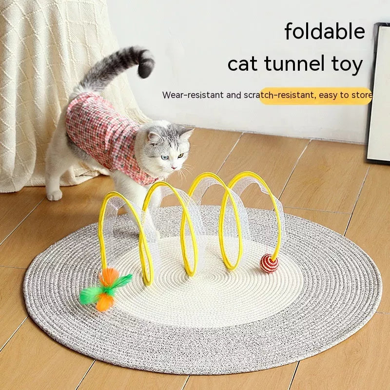 Folded Cat Tunnel S Type with Spring Toy Mouse for Interactive Play