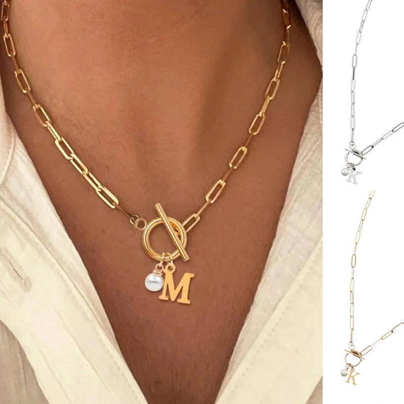 26 English Letter Necklace with Stainless Steel Chain and Imitation Pearl Pendant