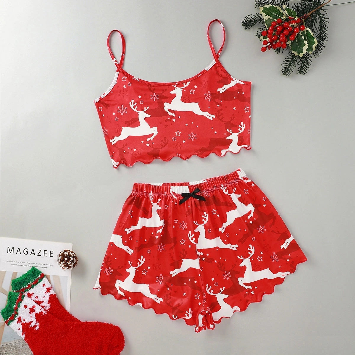 Christmas Women's Milk Silk Pajamas Set with Sleeveless Shorts